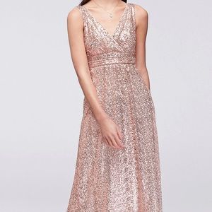 Rose Gold Sequin V-Neck Bridesmaid Dress with Empire Waist
